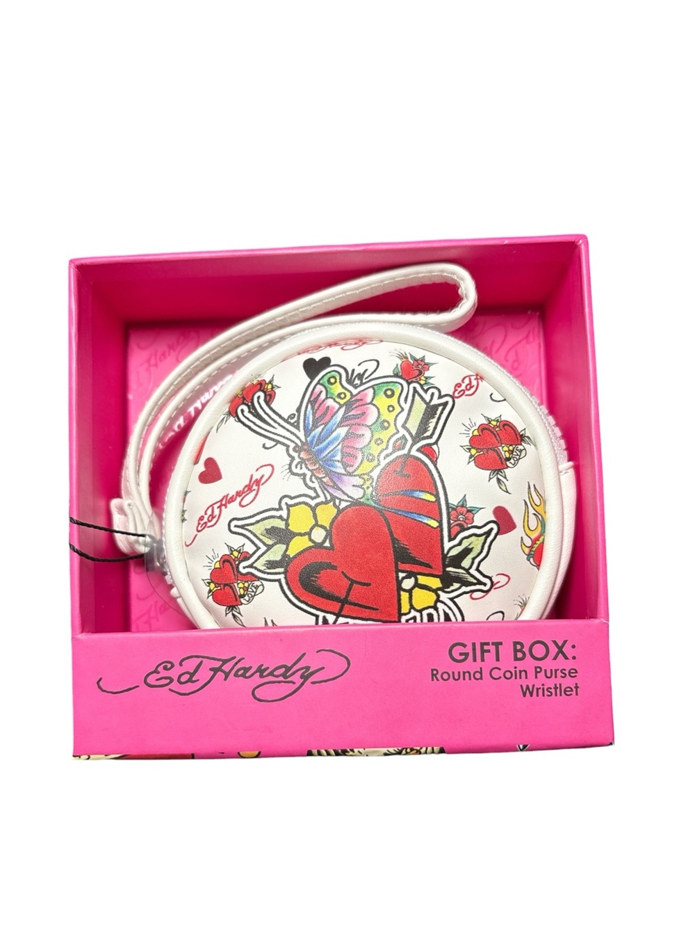 Ed Hardy White Round Coin Purse Wristlet with Red Heart NWT